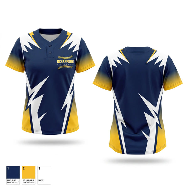 Two Button Softball Jersey, Scrappers, Softball, Teamtime, Team time, sublimation, custom sports apparel, team uniforms, spirit wear, spiritwear, sports uniforms, custom shirts, team store, custom team store, fundraiser sports, apparel fundraiser