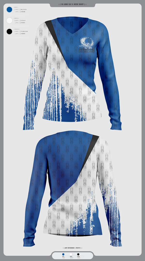 Womens Long Sleeve Vneck Shirt, Covington High School Cheer, Cheer, Teamtime, Team time, sublimation, custom sports apparel, team uniforms, spirit wear, spiritwear, sports uniforms, custom shirts, team store, custom team store, fundraiser sports, apparel fundraiser