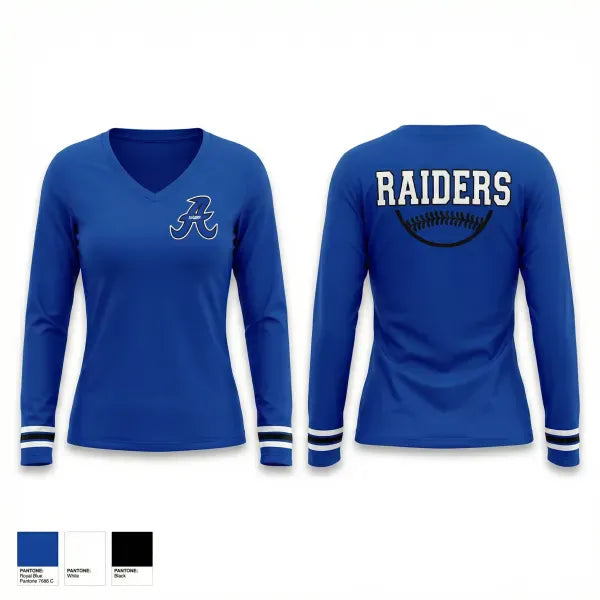 Womens Long Sleeve Vneck Shirt, Anamosa Raiders 10U, Baseball, Teamtime, Team time, sublimation, custom sports apparel, team uniforms, spirit wear, spiritwear, sports uniforms, custom shirts, team store, custom team store, fundraiser sports, apparel fundraiser