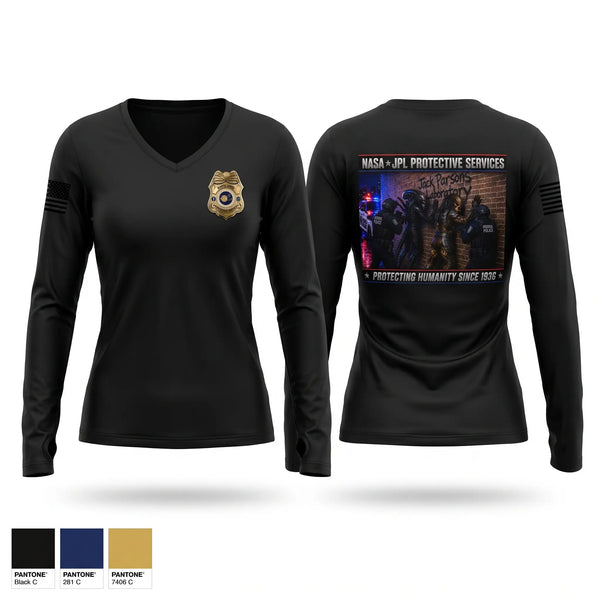 Womens Long Sleeve Vneck Shirt, NASA POLICE, Police, Teamtime, Team time, sublimation, custom sports apparel, team uniforms, spirit wear, spiritwear, sports uniforms, custom shirts, team store, custom team store, fundraiser sports, apparel fundraiser