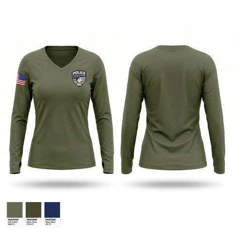 Womens Long Sleeve Vneck Shirt, Haughton Police Department, Police, Teamtime, Team time, sublimation, custom sports apparel, team uniforms, spirit wear, spiritwear, sports uniforms, custom shirts, team store, custom team store, fundraiser sports, apparel fundraiser