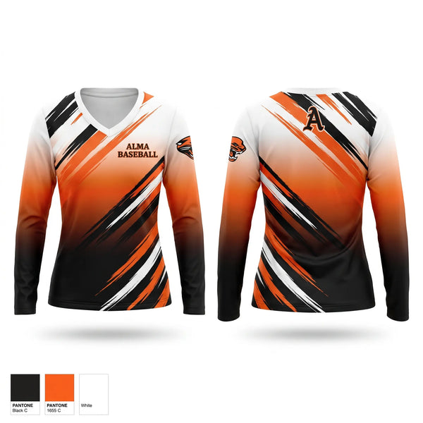 Womens Long Sleeve Vneck Shirt, Alma, Baseball, Teamtime, Team time, sublimation, custom sports apparel, team uniforms, spirit wear, spiritwear, sports uniforms, custom shirts, team store, custom team store, fundraiser sports, apparel fundraiser