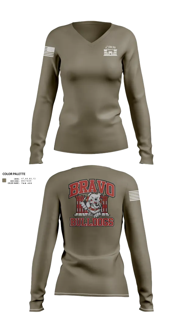 Womens Long Sleeve Vneck Shirt, Bravo Company “Bulldogs” 31st Engineer Battalion, , Teamtime, Team time, sublimation, custom sports apparel, team uniforms, spirit wear, spiritwear, sports uniforms, custom shirts, team store, custom team store, fundraiser sports, apparel fundraiser