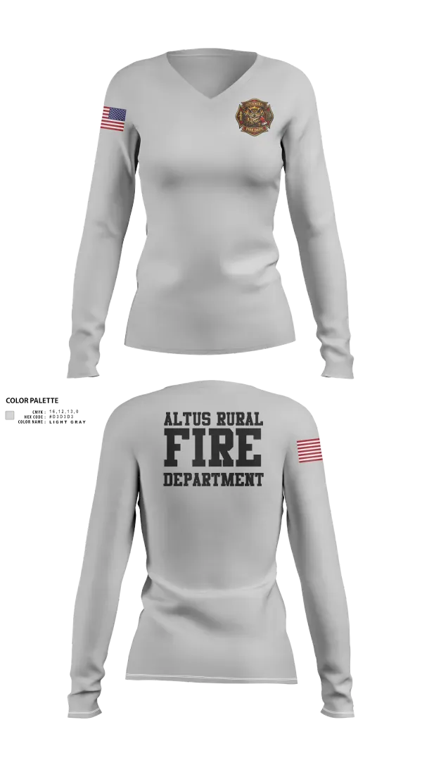 Womens Long Sleeve Vneck Shirt, Altus Rural Fire Department, Fire Department, Teamtime, Team time, sublimation, custom sports apparel, team uniforms, spirit wear, spiritwear, sports uniforms, custom shirts, team store, custom team store, fundraiser sports, apparel fundraiser