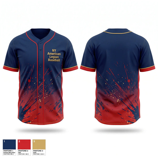 Full Button Baseball Jersey, NY American Legion Baseball, Baseball, Teamtime, Team time, sublimation, custom sports apparel, team uniforms, spirit wear, spiritwear, sports uniforms, custom shirts, team store, custom team store, fundraiser sports, apparel fundraiser