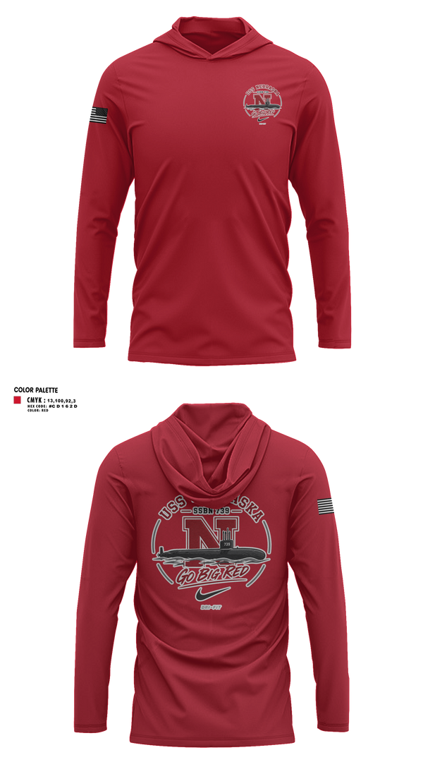 Long Sleeve Performance Shirt with hood, USS Nebraska, Navy, Teamtime, Team time, sublimation, custom sports apparel, team uniforms, spirit wear, spiritwear, sports uniforms, custom shirts, team store, custom team store, fundraiser sports, apparel fundraiser