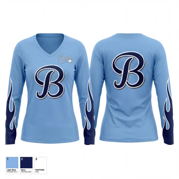 Womens Long Sleeve Vneck Shirt, South Coast Blues, Baseball, Teamtime, Team time, sublimation, custom sports apparel, team uniforms, spirit wear, spiritwear, sports uniforms, custom shirts, team store, custom team store, fundraiser sports, apparel fundraiser