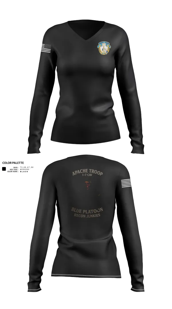 Womens Long Sleeve Vneck Shirt, 1-7 Cavlary Division Apache Troop Blue Platoon Recon Junkies, Army, Teamtime, Team time, sublimation, custom sports apparel, team uniforms, spirit wear, spiritwear, sports uniforms, custom shirts, team store, custom team store, fundraiser sports, apparel fundraiser