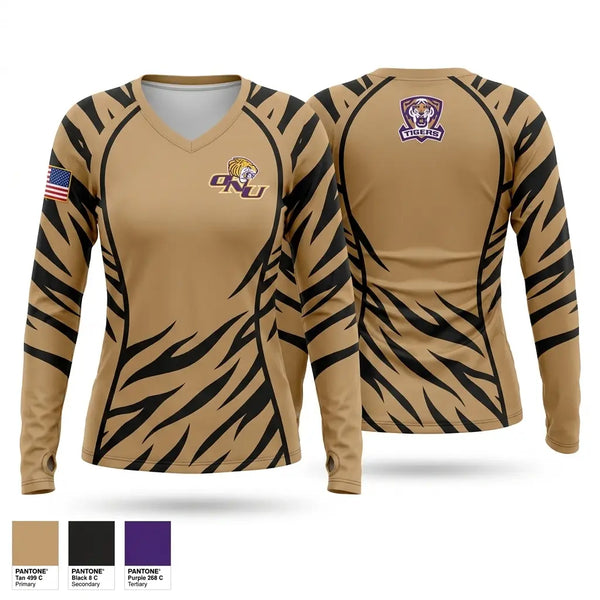 Womens Long Sleeve Vneck Shirt, Olivet Nazarene University, Army, Teamtime, Team time, sublimation, custom sports apparel, team uniforms, spirit wear, spiritwear, sports uniforms, custom shirts, team store, custom team store, fundraiser sports, apparel fundraiser