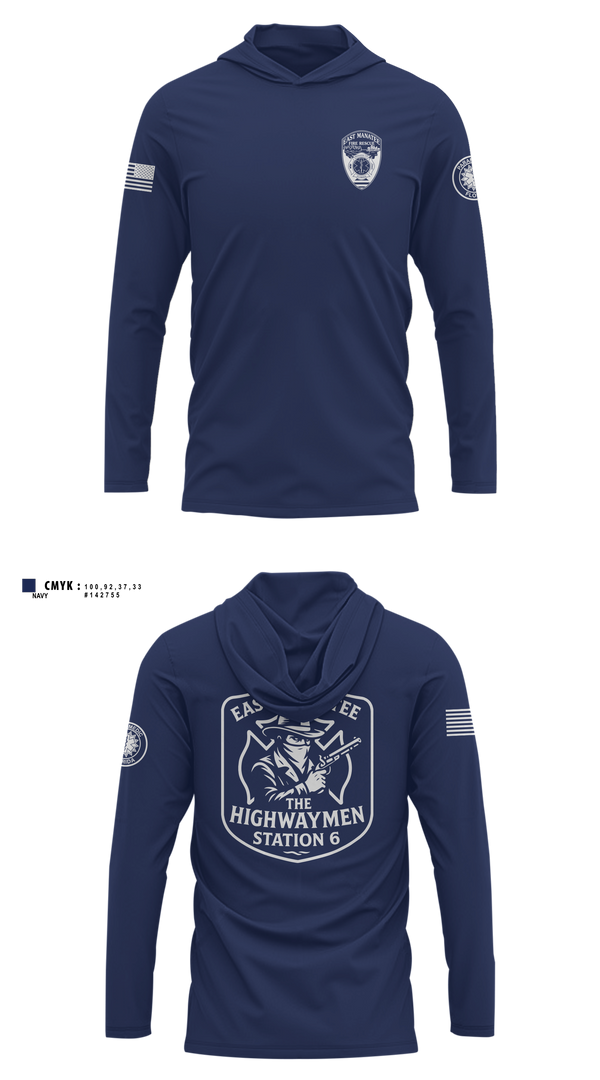 Long Sleeve Hooded Sun Shirt, East Manatee, Fire Department, Teamtime, Team time, sublimation, custom sports apparel, team uniforms, spirit wear, spiritwear, sports uniforms, custom shirts, team store, custom team store, fundraiser sports, apparel fundraiser