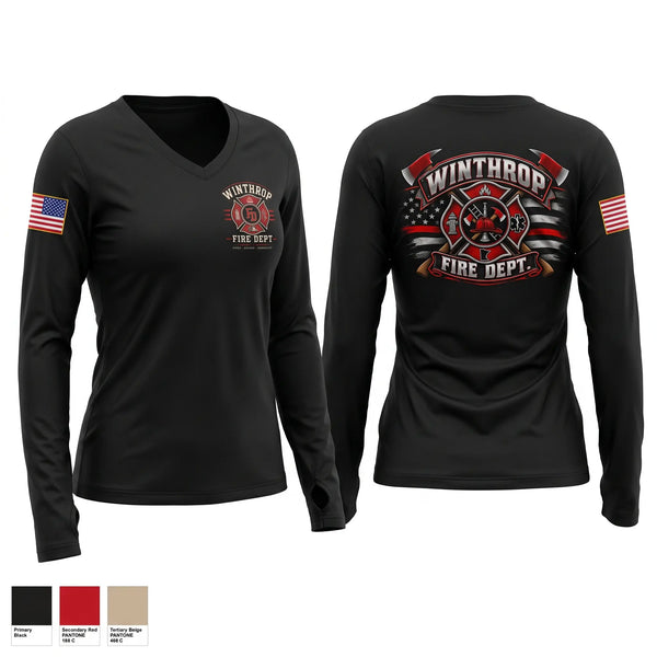 Womens Long Sleeve Vneck Shirt, Winthrop Fire Department, Fire Department, Teamtime, Team time, sublimation, custom sports apparel, team uniforms, spirit wear, spiritwear, sports uniforms, custom shirts, team store, custom team store, fundraiser sports, apparel fundraiser