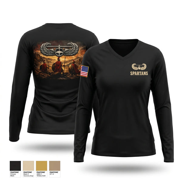 Womens Long Sleeve Vneck Shirt, 2nd Platoon Charlie Company 129 “Spartans”, Army, Teamtime, Team time, sublimation, custom sports apparel, team uniforms, spirit wear, spiritwear, sports uniforms, custom shirts, team store, custom team store, fundraiser sports, apparel fundraiser