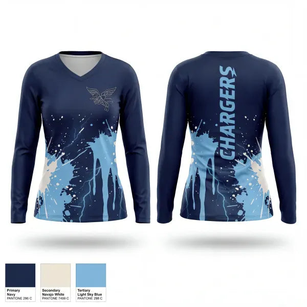Womens Long Sleeve Vneck Shirt, Ansonia Chargers, Track & Field, Teamtime, Team time, sublimation, custom sports apparel, team uniforms, spirit wear, spiritwear, sports uniforms, custom shirts, team store, custom team store, fundraiser sports, apparel fundraiser