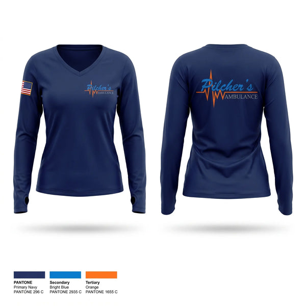 Womens Long Sleeve Vneck Shirt, Pilchers Ambulance Service, EMS/EMT, Teamtime, Team time, sublimation, custom sports apparel, team uniforms, spirit wear, spiritwear, sports uniforms, custom shirts, team store, custom team store, fundraiser sports, apparel fundraiser