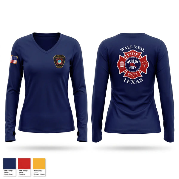 Womens Long Sleeve Vneck Shirt, Wall Volunteer Fire Department, Fire Department, Teamtime, Team time, sublimation, custom sports apparel, team uniforms, spirit wear, spiritwear, sports uniforms, custom shirts, team store, custom team store, fundraiser sports, apparel fundraiser