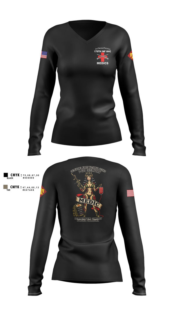 Womens Long Sleeve Vneck Shirt, 179 HHC Medics, National Guard, Teamtime, Team time, sublimation, custom sports apparel, team uniforms, spirit wear, spiritwear, sports uniforms, custom shirts, team store, custom team store, fundraiser sports, apparel fundraiser