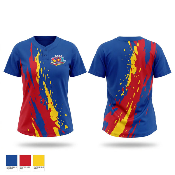 Two Button Softball Jersey, NM Sols, Softball, Teamtime, Team time, sublimation, custom sports apparel, team uniforms, spirit wear, spiritwear, sports uniforms, custom shirts, team store, custom team store, fundraiser sports, apparel fundraiser