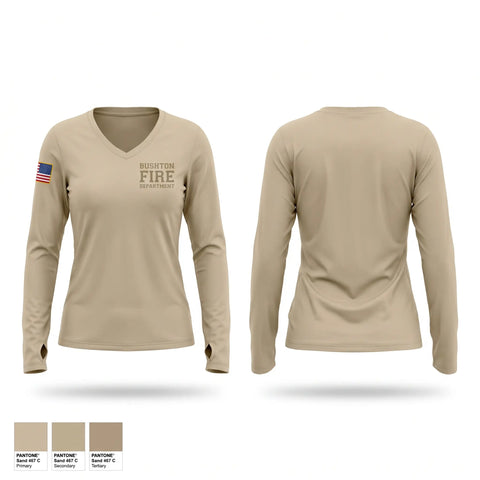Womens Long Sleeve Vneck Shirt, Bushton Fire Department, Fire Department, Teamtime, Team time, sublimation, custom sports apparel, team uniforms, spirit wear, spiritwear, sports uniforms, custom shirts, team store, custom team store, fundraiser sports, apparel fundraiser