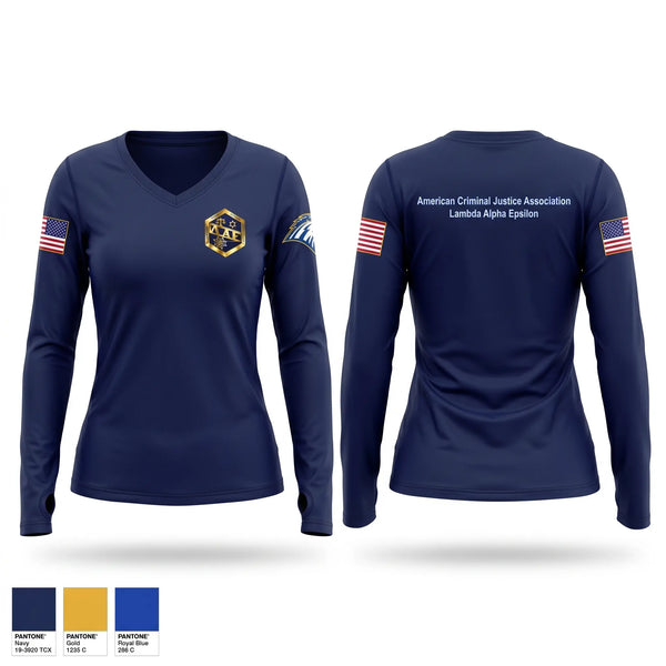 Womens Long Sleeve Vneck Shirt, American Criminal Justice Association, Police, Teamtime, Team time, sublimation, custom sports apparel, team uniforms, spirit wear, spiritwear, sports uniforms, custom shirts, team store, custom team store, fundraiser sports, apparel fundraiser