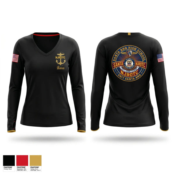 Womens Long Sleeve Vneck Shirt, Santa Ana, Navy, Teamtime, Team time, sublimation, custom sports apparel, team uniforms, spirit wear, spiritwear, sports uniforms, custom shirts, team store, custom team store, fundraiser sports, apparel fundraiser