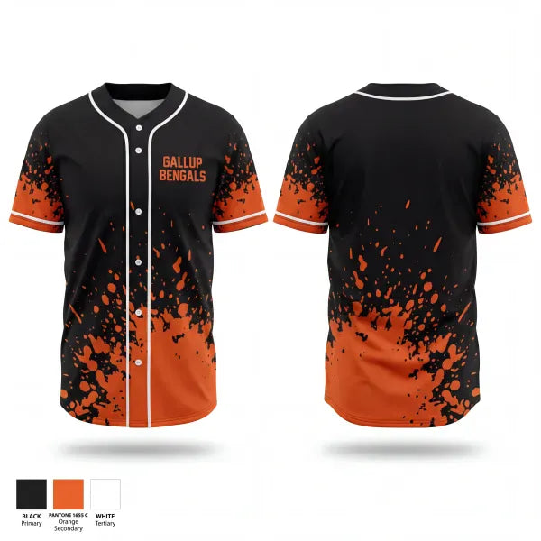 Full Button Baseball Jersey, Gallup Bengals, Baseball, Teamtime, Team time, sublimation, custom sports apparel, team uniforms, spirit wear, spiritwear, sports uniforms, custom shirts, team store, custom team store, fundraiser sports, apparel fundraiser