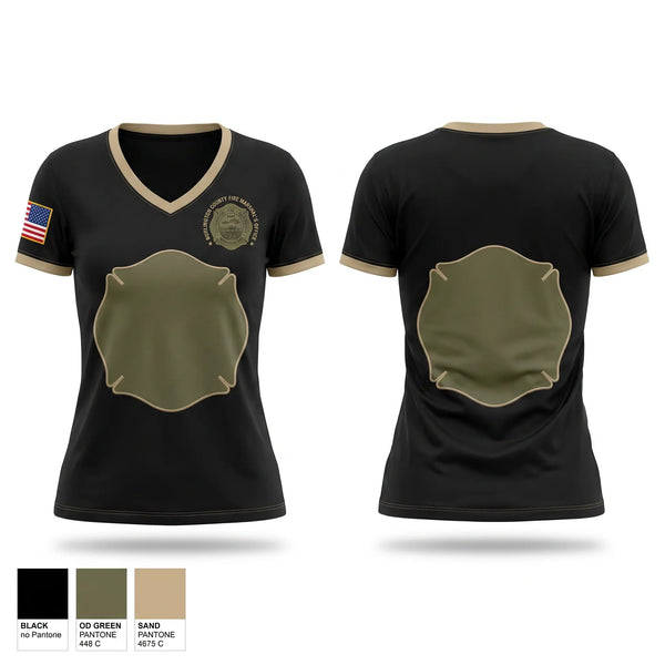 Womens Short Sleeve Vneck Shirt, Burlington County Fire Marshal’s Office, Fire Department, Teamtime, Team time, sublimation, custom sports apparel, team uniforms, spirit wear, spiritwear, sports uniforms, custom shirts, team store, custom team store, fundraiser sports, apparel fundraiser