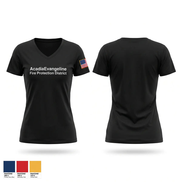 Womens Short Sleeve Vneck Shirt, Acadia-Evangeline Fire Protection District, Fire Department, Teamtime, Team time, sublimation, custom sports apparel, team uniforms, spirit wear, spiritwear, sports uniforms, custom shirts, team store, custom team store, fundraiser sports, apparel fundraiser