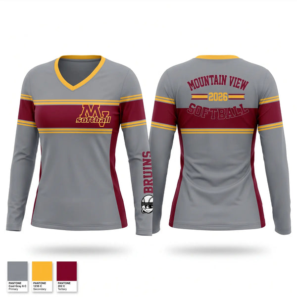 Womens Long Sleeve Vneck Shirt, Mountain View Bruins, Softball, Teamtime, Team time, sublimation, custom sports apparel, team uniforms, spirit wear, spiritwear, sports uniforms, custom shirts, team store, custom team store, fundraiser sports, apparel fundraiser