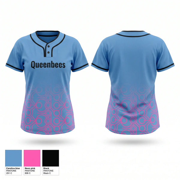 Two Button Softball Jersey, Queenbees, Softball, Teamtime, Team time, sublimation, custom sports apparel, team uniforms, spirit wear, spiritwear, sports uniforms, custom shirts, team store, custom team store, fundraiser sports, apparel fundraiser
