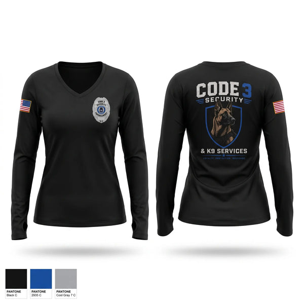 Womens Long Sleeve Vneck Shirt, Code 3 Security, Police, Teamtime, Team time, sublimation, custom sports apparel, team uniforms, spirit wear, spiritwear, sports uniforms, custom shirts, team store, custom team store, fundraiser sports, apparel fundraiser