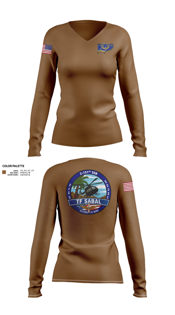 Womens Long Sleeve Vneck Shirt, TF Sabal, National Guard, Teamtime, Team time, sublimation, custom sports apparel, team uniforms, spirit wear, spiritwear, sports uniforms, custom shirts, team store, custom team store, fundraiser sports, apparel fundraiser