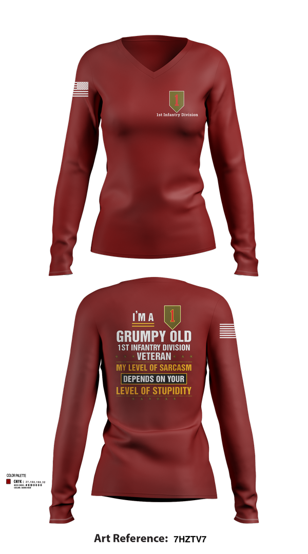 Womens Long Sleeve Vneck Shirt, 1st Infantry Division, , Teamtime, Team time, sublimation, custom sports apparel, team uniforms, spirit wear, spiritwear, sports uniforms, custom shirts, team store, custom team store, fundraiser sports, apparel fundraiser