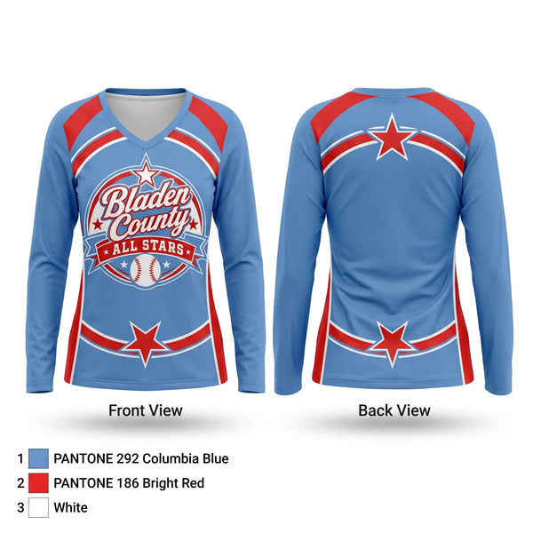 Womens Long Sleeve Vneck Shirt, Bladen County All Stars, Softball, Teamtime, Team time, sublimation, custom sports apparel, team uniforms, spirit wear, spiritwear, sports uniforms, custom shirts, team store, custom team store, fundraiser sports, apparel fundraiser