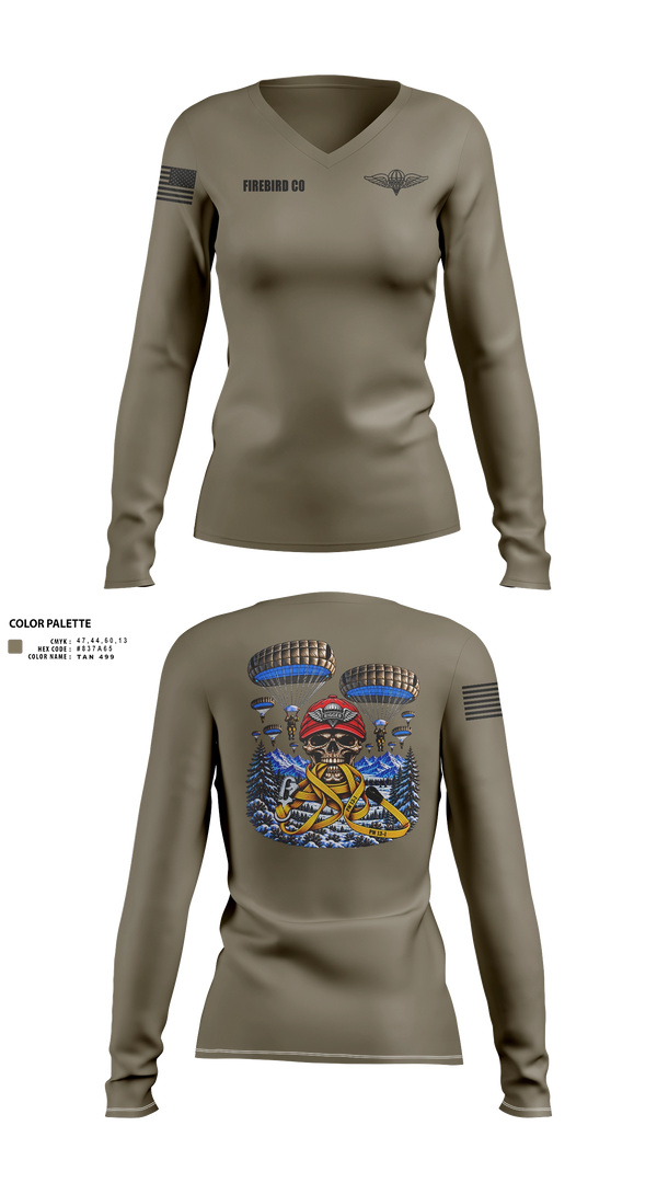 Womens Long Sleeve Vneck Shirt, Firebird Co, Army, Teamtime, Team time, sublimation, custom sports apparel, team uniforms, spirit wear, spiritwear, sports uniforms, custom shirts, team store, custom team store, fundraiser sports, apparel fundraiser