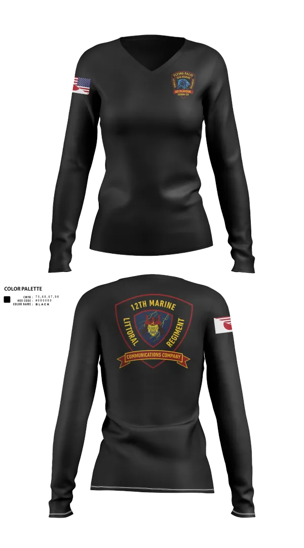 Womens Long Sleeve Vneck Shirt, 12th MLR Headquarters Element, Marines, Teamtime, Team time, sublimation, custom sports apparel, team uniforms, spirit wear, spiritwear, sports uniforms, custom shirts, team store, custom team store, fundraiser sports, apparel fundraiser