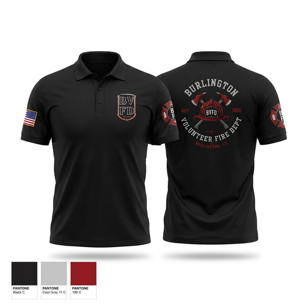 Short Sleeve Performance Polo, Burlington Volunteer Fire Department (BVFD), Fire Department, Teamtime, Team time, sublimation, custom sports apparel, team uniforms, spirit wear, spiritwear, sports uniforms, custom shirts, team store, custom team store, fundraiser sports, apparel fundraiser