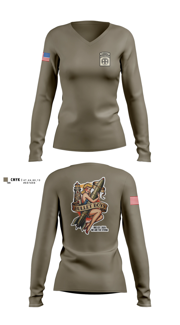Womens Long Sleeve Vneck Shirt, Ammo, Distro, 407th LSB, Army, Teamtime, Team time, sublimation, custom sports apparel, team uniforms, spirit wear, spiritwear, sports uniforms, custom shirts, team store, custom team store, fundraiser sports, apparel fundraiser