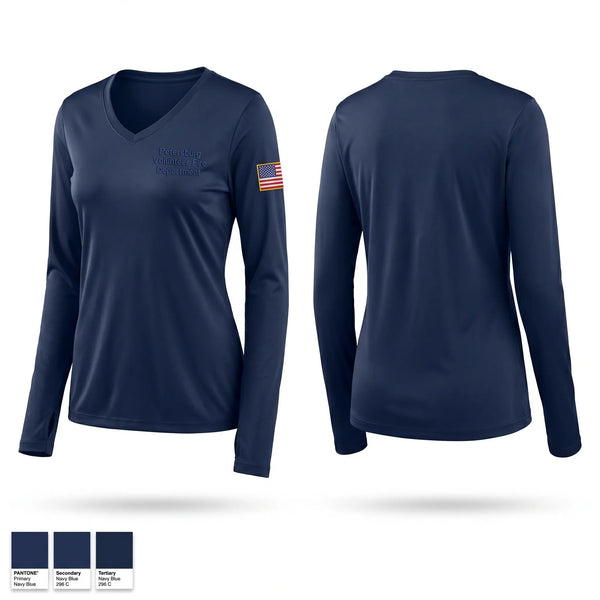 Womens Long Sleeve Vneck Shirt, Petersburg Volunteer Fire Department, Fire Department, Teamtime, Team time, sublimation, custom sports apparel, team uniforms, spirit wear, spiritwear, sports uniforms, custom shirts, team store, custom team store, fundraiser sports, apparel fundraiser