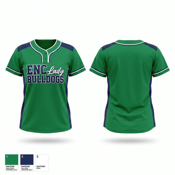 Two Button Softball Jersey, ENC Lady Bulldogs, Softball, Teamtime, Team time, sublimation, custom sports apparel, team uniforms, spirit wear, spiritwear, sports uniforms, custom shirts, team store, custom team store, fundraiser sports, apparel fundraiser
