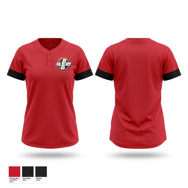 Two Button Softball Jersey, Red Alert, Softball, Teamtime, Team time, sublimation, custom sports apparel, team uniforms, spirit wear, spiritwear, sports uniforms, custom shirts, team store, custom team store, fundraiser sports, apparel fundraiser