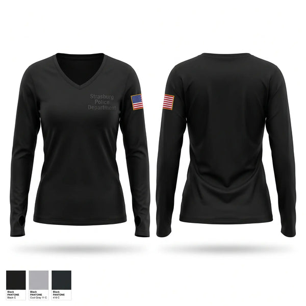 Womens Long Sleeve Vneck Shirt, Strasburg Police Department, Police, Teamtime, Team time, sublimation, custom sports apparel, team uniforms, spirit wear, spiritwear, sports uniforms, custom shirts, team store, custom team store, fundraiser sports, apparel fundraiser