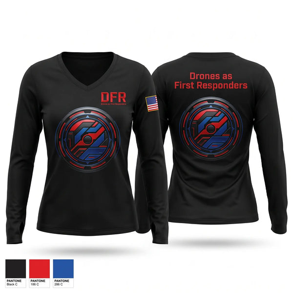 Womens Long Sleeve Vneck Shirt, Drones as First Responders, Police, Teamtime, Team time, sublimation, custom sports apparel, team uniforms, spirit wear, spiritwear, sports uniforms, custom shirts, team store, custom team store, fundraiser sports, apparel fundraiser