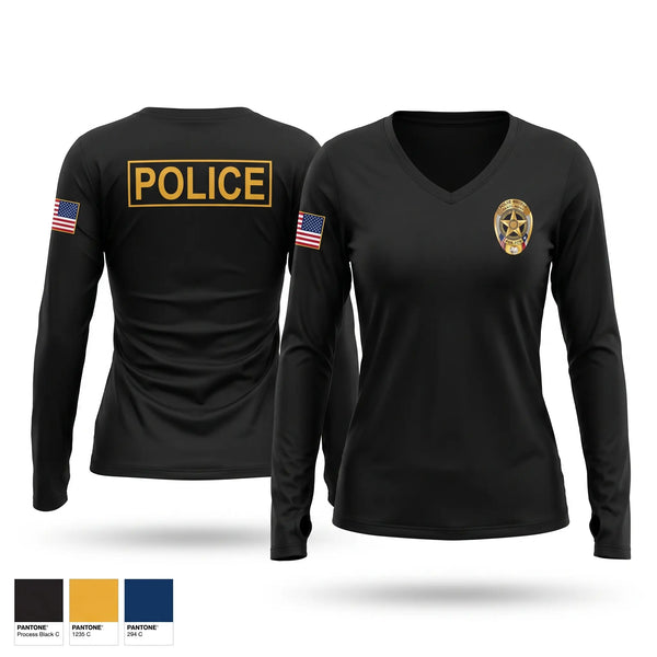 Womens Long Sleeve Vneck Shirt, Granite Shoals Police Department, Police, Teamtime, Team time, sublimation, custom sports apparel, team uniforms, spirit wear, spiritwear, sports uniforms, custom shirts, team store, custom team store, fundraiser sports, apparel fundraiser