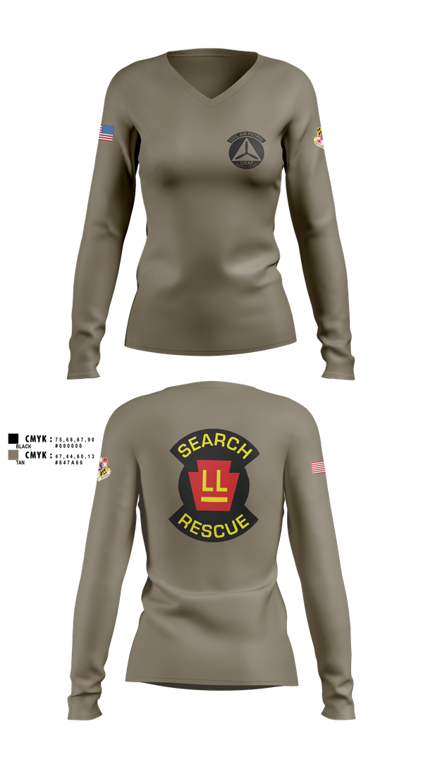 Womens Long Sleeve Vneck Shirt, Wicomico Composite Squadron, Air Force, Teamtime, Team time, sublimation, custom sports apparel, team uniforms, spirit wear, spiritwear, sports uniforms, custom shirts, team store, custom team store, fundraiser sports, apparel fundraiser