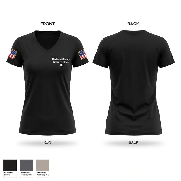 Womens Short Sleeve Vneck Shirt, Okaloosa County Sheriff’s Office SRO, Police, Teamtime, Team time, sublimation, custom sports apparel, team uniforms, spirit wear, spiritwear, sports uniforms, custom shirts, team store, custom team store, fundraiser sports, apparel fundraiser