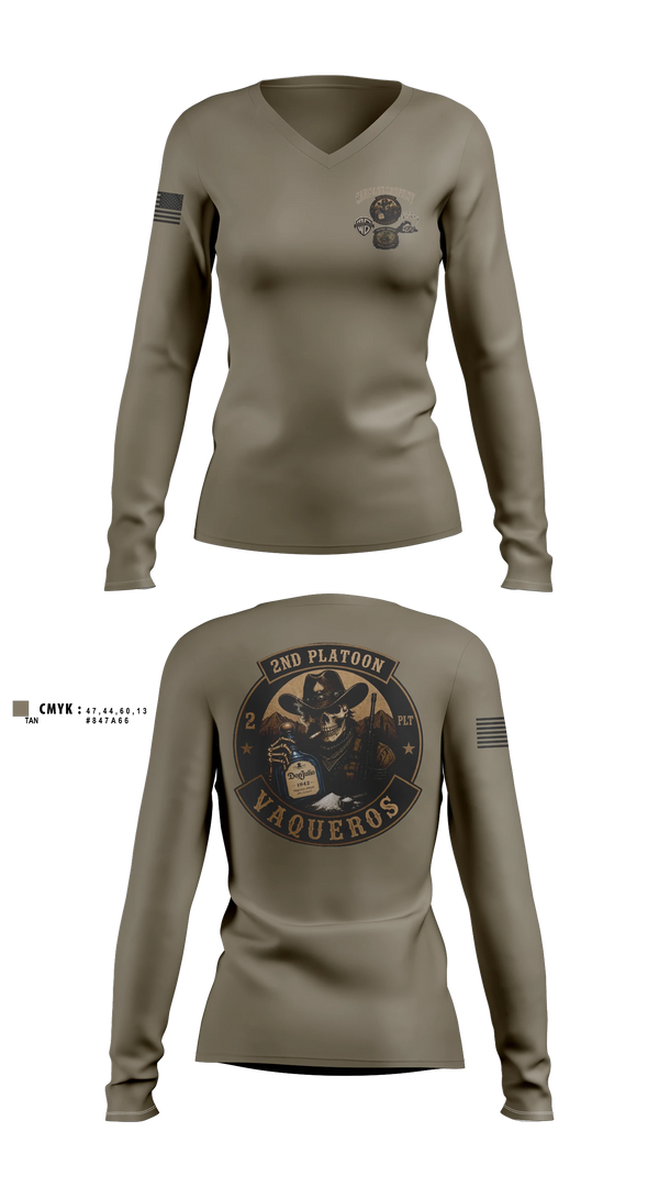 Womens Long Sleeve Vneck Shirt, 2nd Platoon Vaqueros, Army, Teamtime, Team time, sublimation, custom sports apparel, team uniforms, spirit wear, spiritwear, sports uniforms, custom shirts, team store, custom team store, fundraiser sports, apparel fundraiser