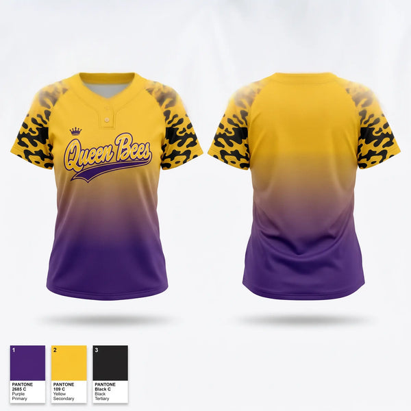 Two Button Softball Jersey, Queen Bees, Softball, Teamtime, Team time, sublimation, custom sports apparel, team uniforms, spirit wear, spiritwear, sports uniforms, custom shirts, team store, custom team store, fundraiser sports, apparel fundraiser
