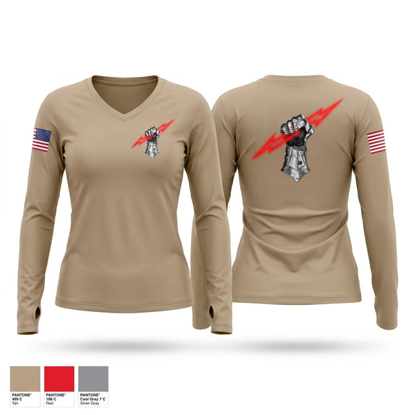 Womens Long Sleeve Vneck Shirt, WALK EM DOWN J FIST, Army, Teamtime, Team time, sublimation, custom sports apparel, team uniforms, spirit wear, spiritwear, sports uniforms, custom shirts, team store, custom team store, fundraiser sports, apparel fundraiser