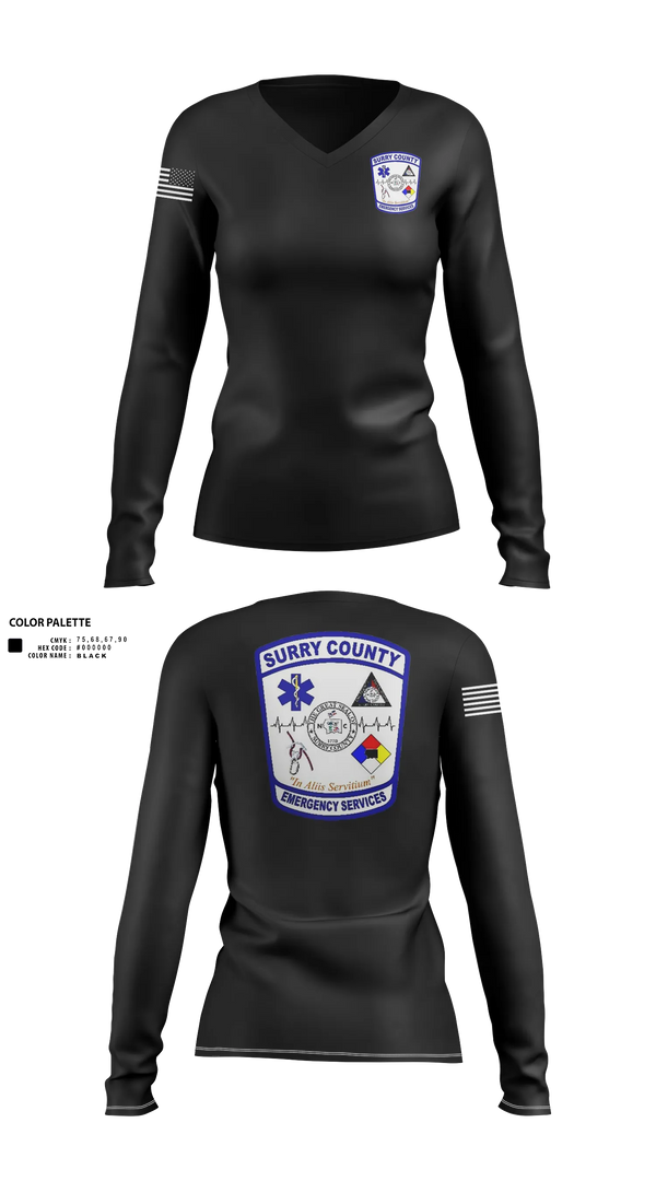 Womens Long Sleeve Vneck Shirt, Surry County EMS, EMS/EMT, Teamtime, Team time, sublimation, custom sports apparel, team uniforms, spirit wear, spiritwear, sports uniforms, custom shirts, team store, custom team store, fundraiser sports, apparel fundraiser