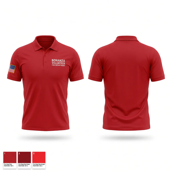 Short Sleeve Performance Polo, Bonanza Volunteer Fire Department, Fire Department, Teamtime, Team time, sublimation, custom sports apparel, team uniforms, spirit wear, spiritwear, sports uniforms, custom shirts, team store, custom team store, fundraiser sports, apparel fundraiser